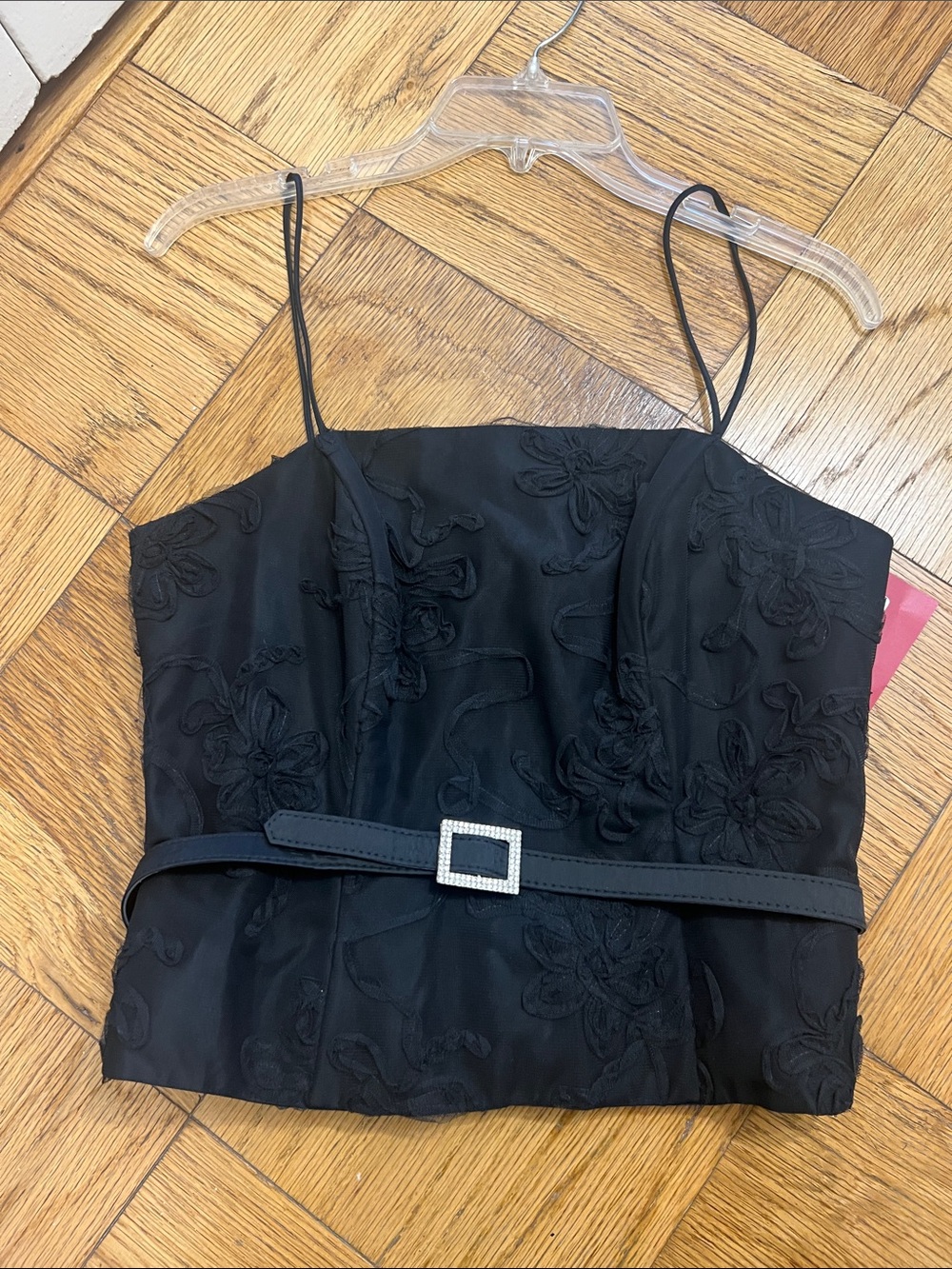 Black Floral Appliqué Spaghetti Strap Crop Top with Rhinestone Buckle Belt size